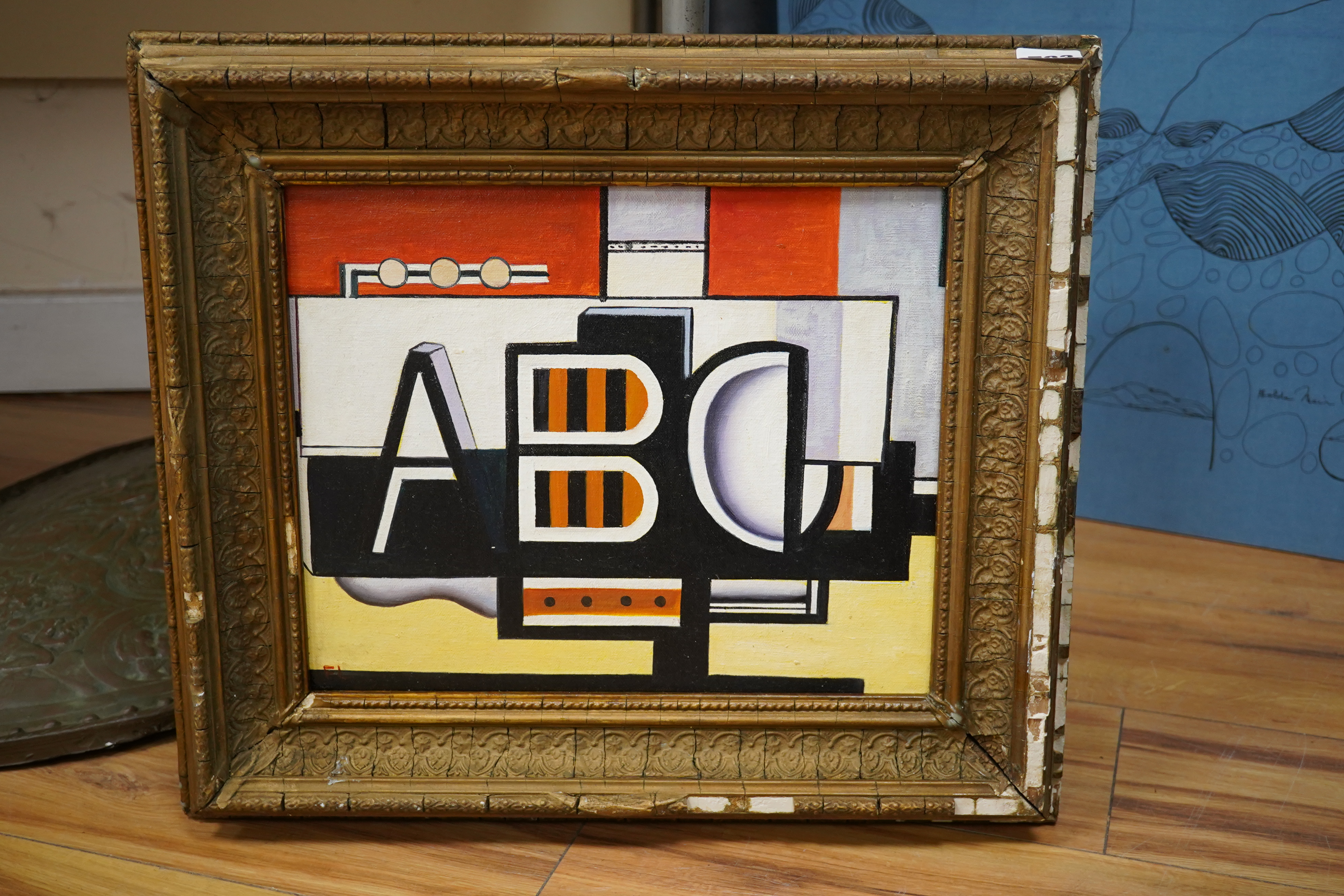 Manner of Léger, a decorative oil on board, ‘ABC’, 27 x 33cm. Condition - good, losses to the frame